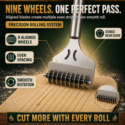 🍝 Stainless Steel 9-Wheel Adjustable Pasta Cutter – Fast & Even Homemade Noodles ✨