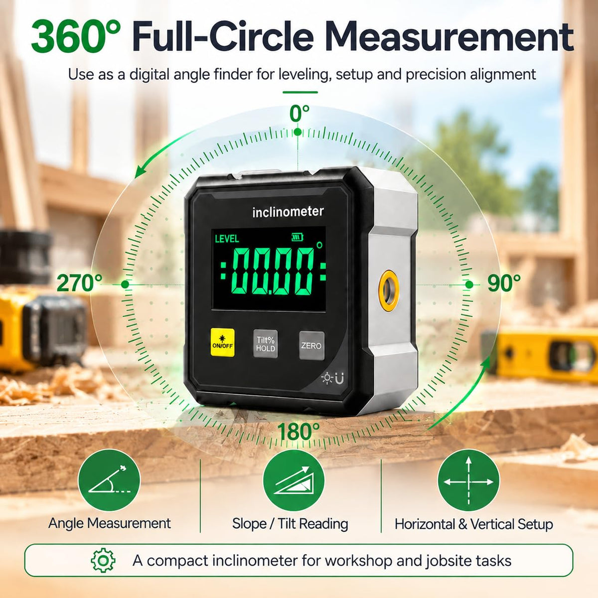 📐 Digital Angle Finder with Laser – 4-Side Magnetic Base, 4×90° Measurement & Large LED Display