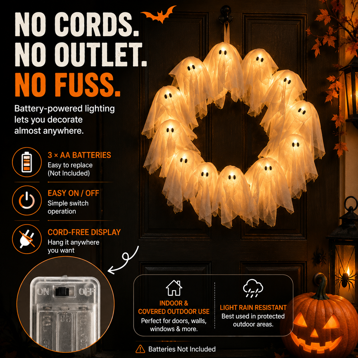👻 LED Ghost Wreath – 12-Light Halloween Door Decoration