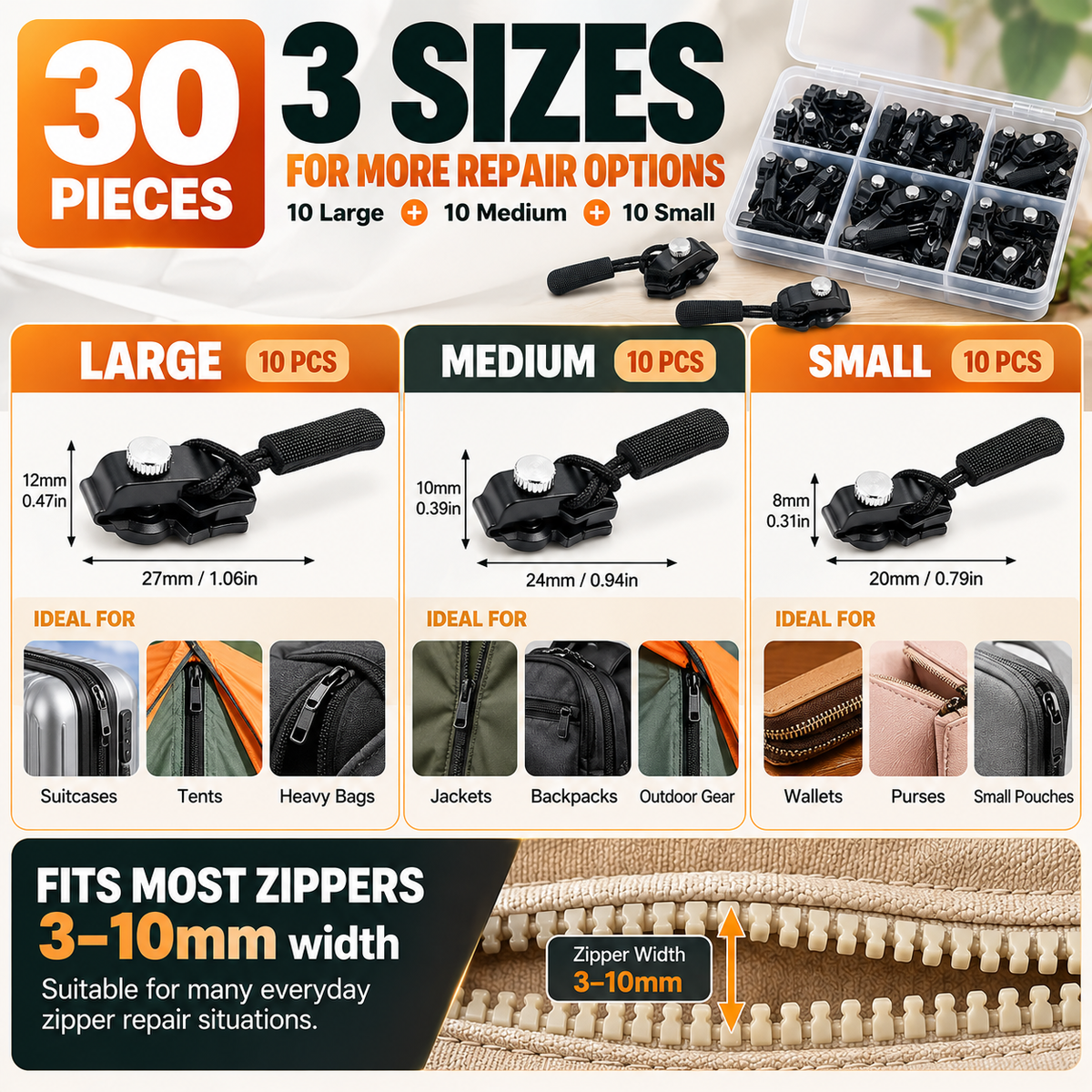 🧥 Replacement Zipper Slider Kit – 30-Piece No-Sew Zipper Fix Set for Jackets, Tents, Pants & Bags