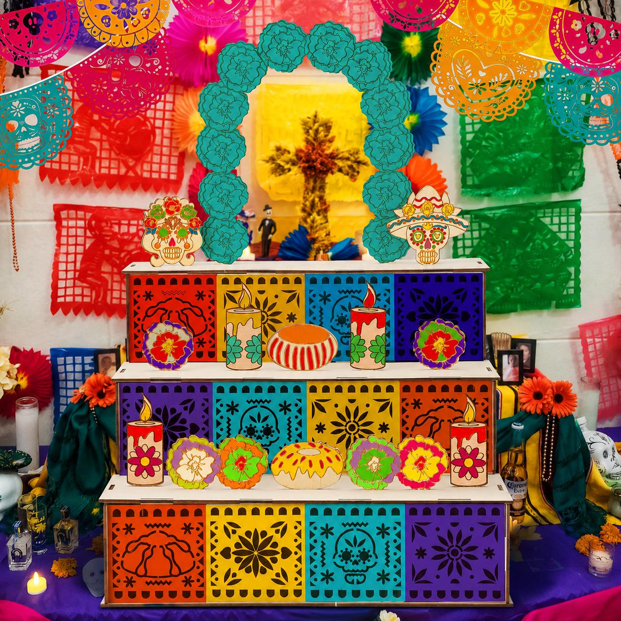 💀3‑Tier Wooden Day of the Dead Ofrenda Altar Set, Complete Decor Kit with Skull, Marigolds, Candles & Papel Picado