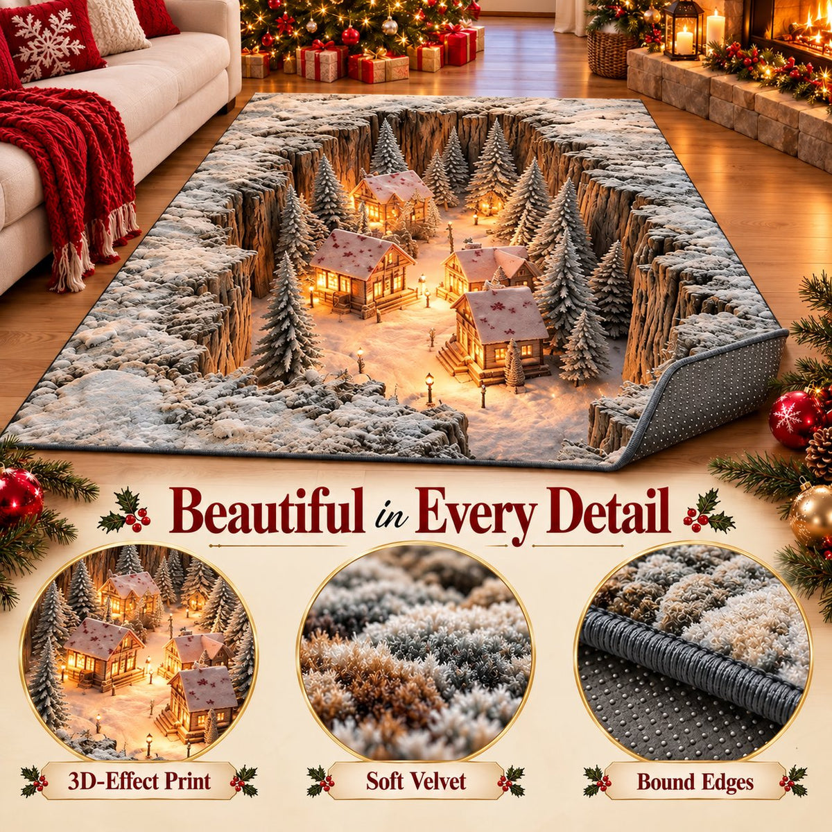 🎄 3D Optical Illusion Christmas Rug – Bring a Hidden Winter Village to Your Floor ✨