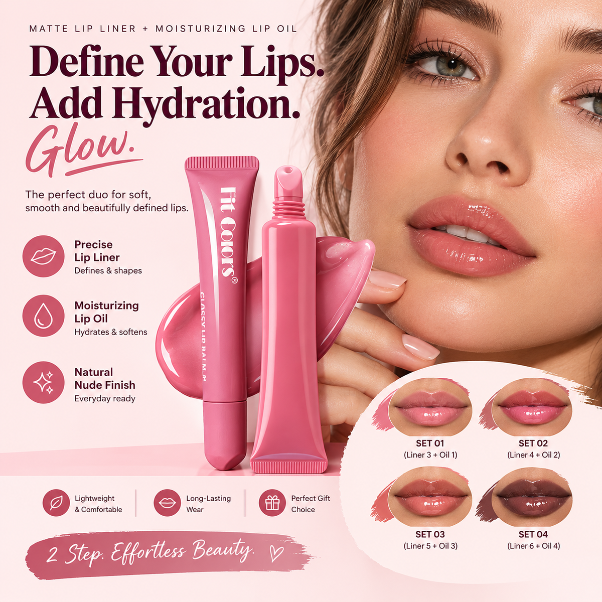 Matte Lip Liner & Moisturizing Lip Oil Set – Hydrating Nude Glossy Lip Kit