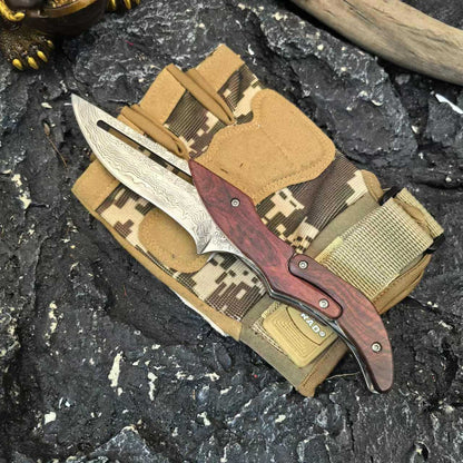 🔥Limited Time Discount 💥Artisan Wood Series: Unique Swing-Lock Folding Knife with Damascus-Style Blade🔪
