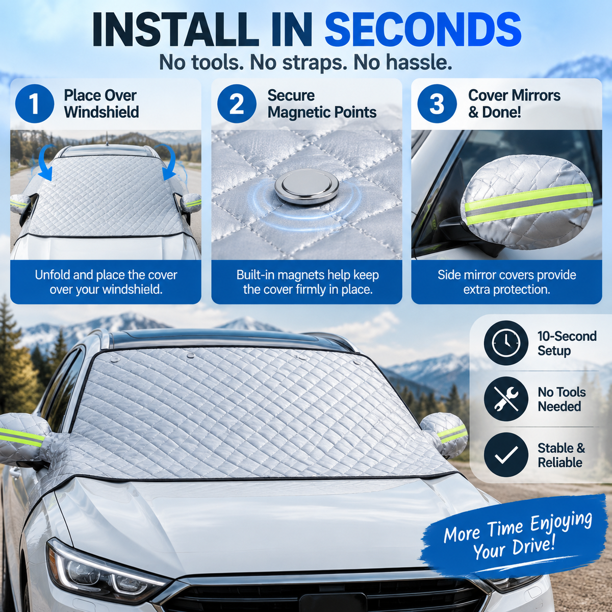 🚗 No More Scraping or Scorching – Magnetic Windshield Cover for Sun, Snow & Frost, Fits Cars, SUVs & Trucks