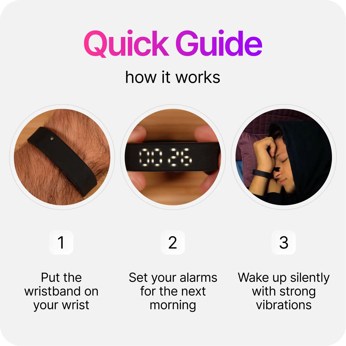 Silent Vibration Alarm Clock - Wrist-Worn Wake-Up Device for Heavy Sleepers, Avoids Disturbing Partners, 2 Intensity Levels, Up to 3 Alarms, 14+ Day Rechargeable Battery