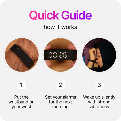 Silent Vibration Alarm Clock - Wrist-Worn Wake-Up Device for Heavy Sleepers, Avoids Disturbing Partners, 2 Intensity Levels, Up to 3 Alarms, 14+ Day Rechargeable Battery