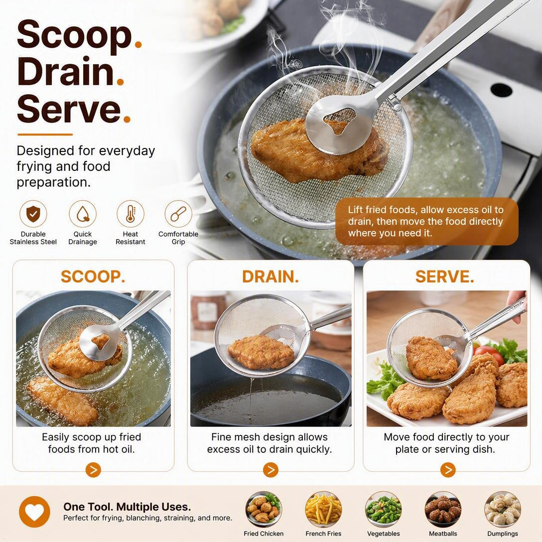 🍟 Stainless Steel Oil Strainer – Easy Deep-Frying Food Filter for Crispy Cooking
