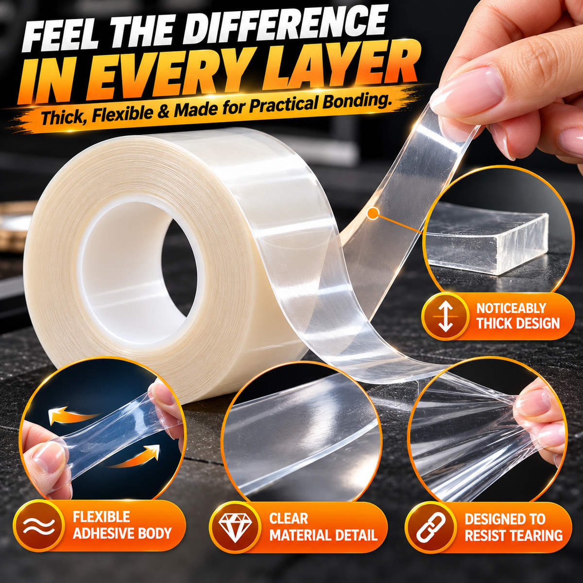 🔥 Extra-Thick Clear Double-Sided Tape – Heavy-Duty Strong Adhesive, Flexible & Tear-Resistant for Home & Office