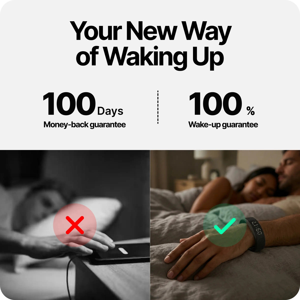 Silent Vibration Alarm Clock - Wrist-Worn Wake-Up Device for Heavy Sleepers, Avoids Disturbing Partners, 2 Intensity Levels, Up to 3 Alarms, 14+ Day Rechargeable Battery