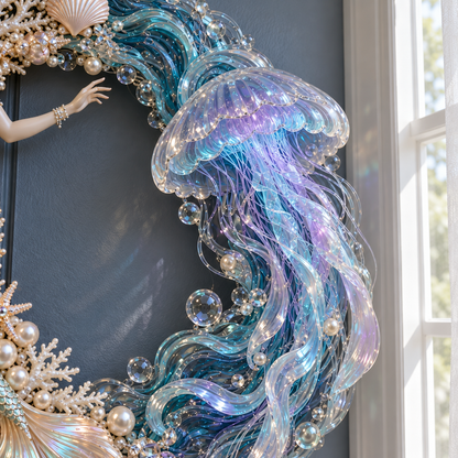 🧜‍♀️🌊 Mermaid Moonlight Wreath | Glowing Jellyfish & Ocean Decor ✨