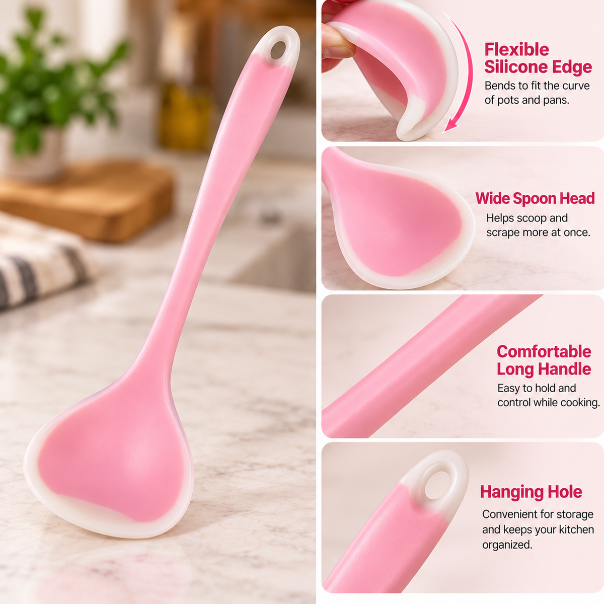 🥄 2-in-1 Silicone Scraper Ladle – Flexible Cooking Spoon for Scooping, Stirring & Scraping Every Last Drop