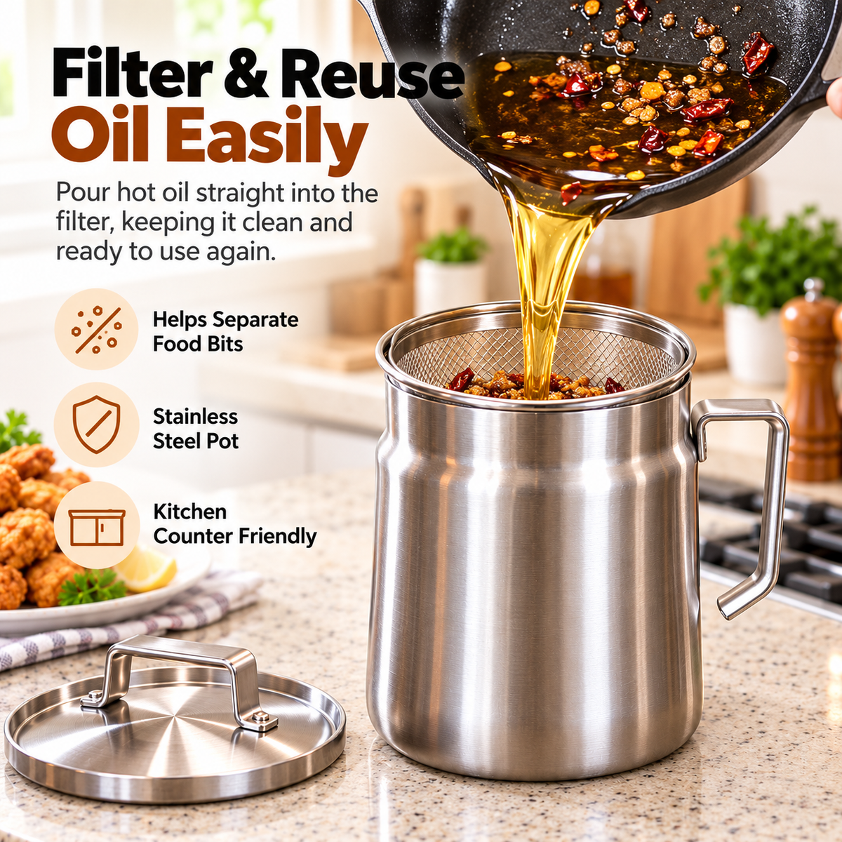 🍟 Stainless Steel Deep Fryer Set with Mesh Basket & Lid