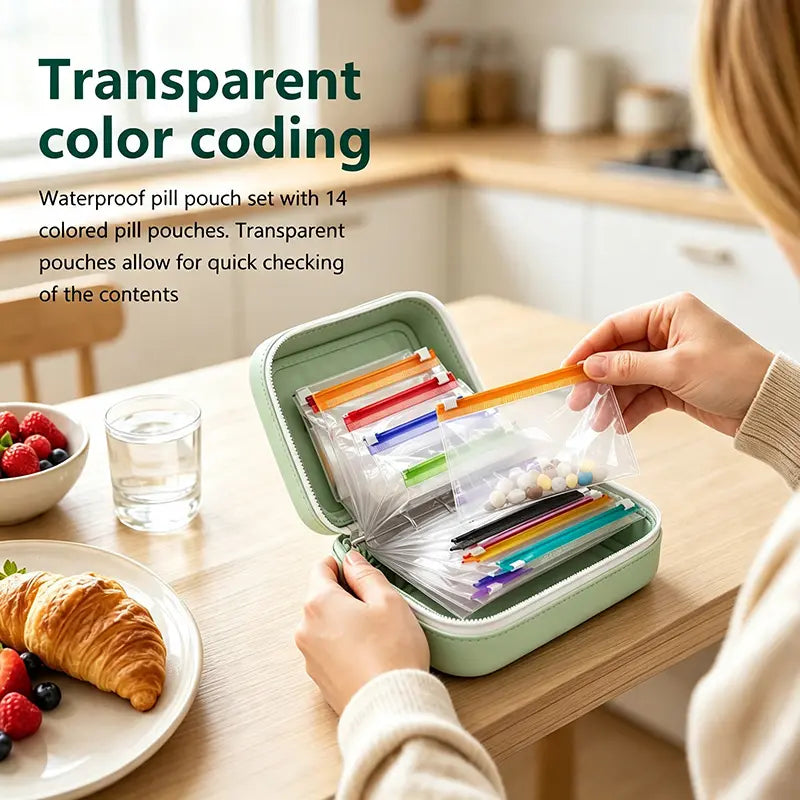 🔥49% OFF Waterproof A8 Pill Pouch Set, 14 Reusable Zippered Pill Bags, 7–14 Day Medication Organizer with Color-Coded Labels for Vitamins & Fish Oils