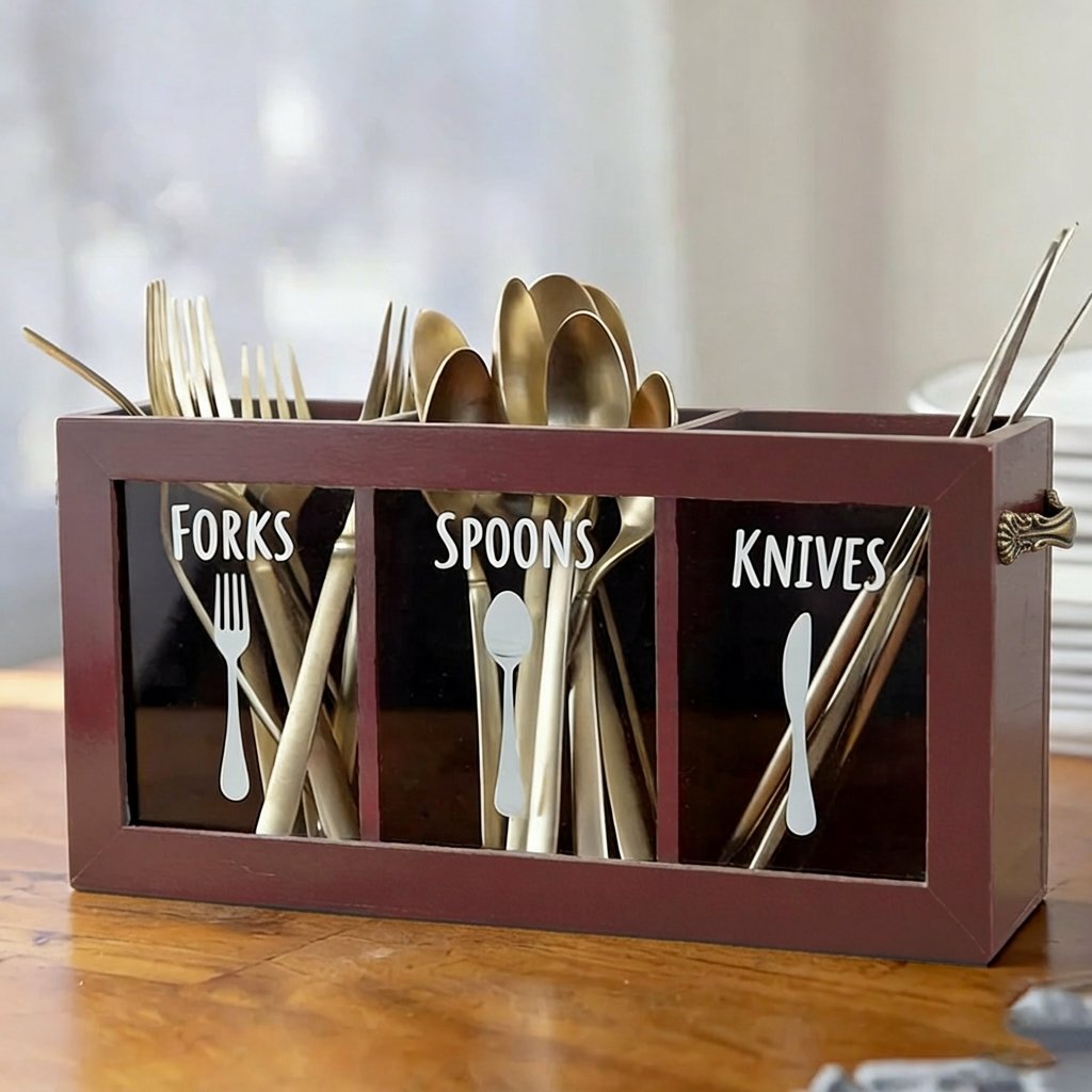 Buy 2 Free Shipping 🌟🍴Wooden Flatware Caddy Organizer – 12"x3.25"x6" Cutlery Holder for Forks, Spoons & Knives, Kitchen Utensil Bin