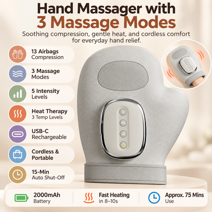 Hand Massager with 3 Massage Modes, Heat and Compression Function, for Arthritis, Relief of Carpal Tunnel and Trigger Finger Pain