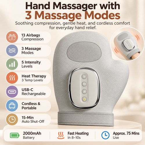 Hand Massager with 3 Massage Modes, Heat and Compression Function, for Arthritis, Relief of Carpal Tunnel and Trigger Finger Pain