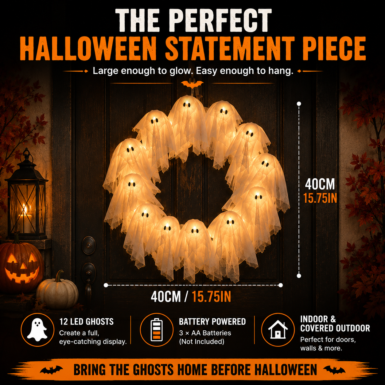 👻 LED Ghost Wreath – 12-Light Halloween Door Decoration