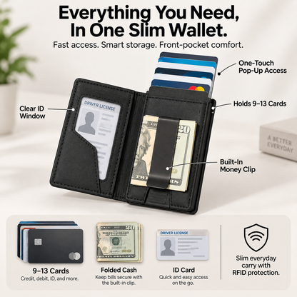 💳 POP-UP CARD WALLET | Slim RFID Blocking Wallet with Quick-Access Aluminum Card Holder & Money Clip