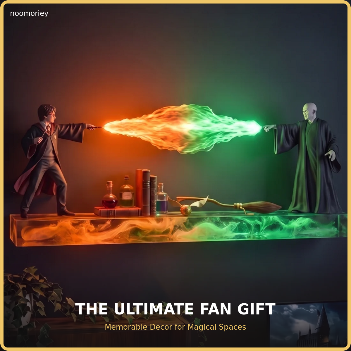 🪄 Illuminated Wizard Duel Wall Shelf – Magical Floating Display for Books & Collectibles