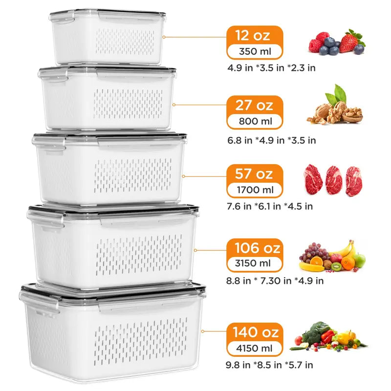 🥗🥬3 Pack Fridge Organizers and Storage - Stackable Fruit Storage Containers for Fridge with Removable Colander, BPA-Free