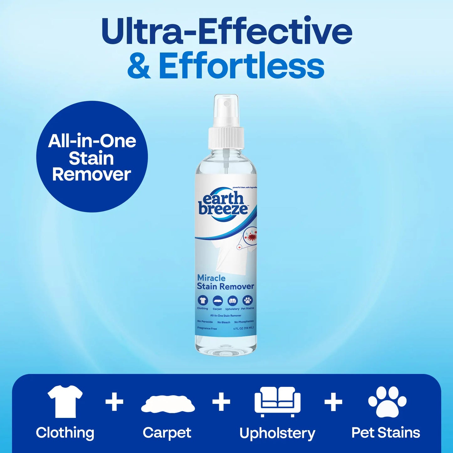 NEW! Earth Breeze Miracle Stain Remover Spray: Removes Virtually All Household Stains | Powerful All-In-One Solution | No Harsh Chemicals | Ultra-Effective Tough Stain Eliminator | Made in USA – 4fl oz