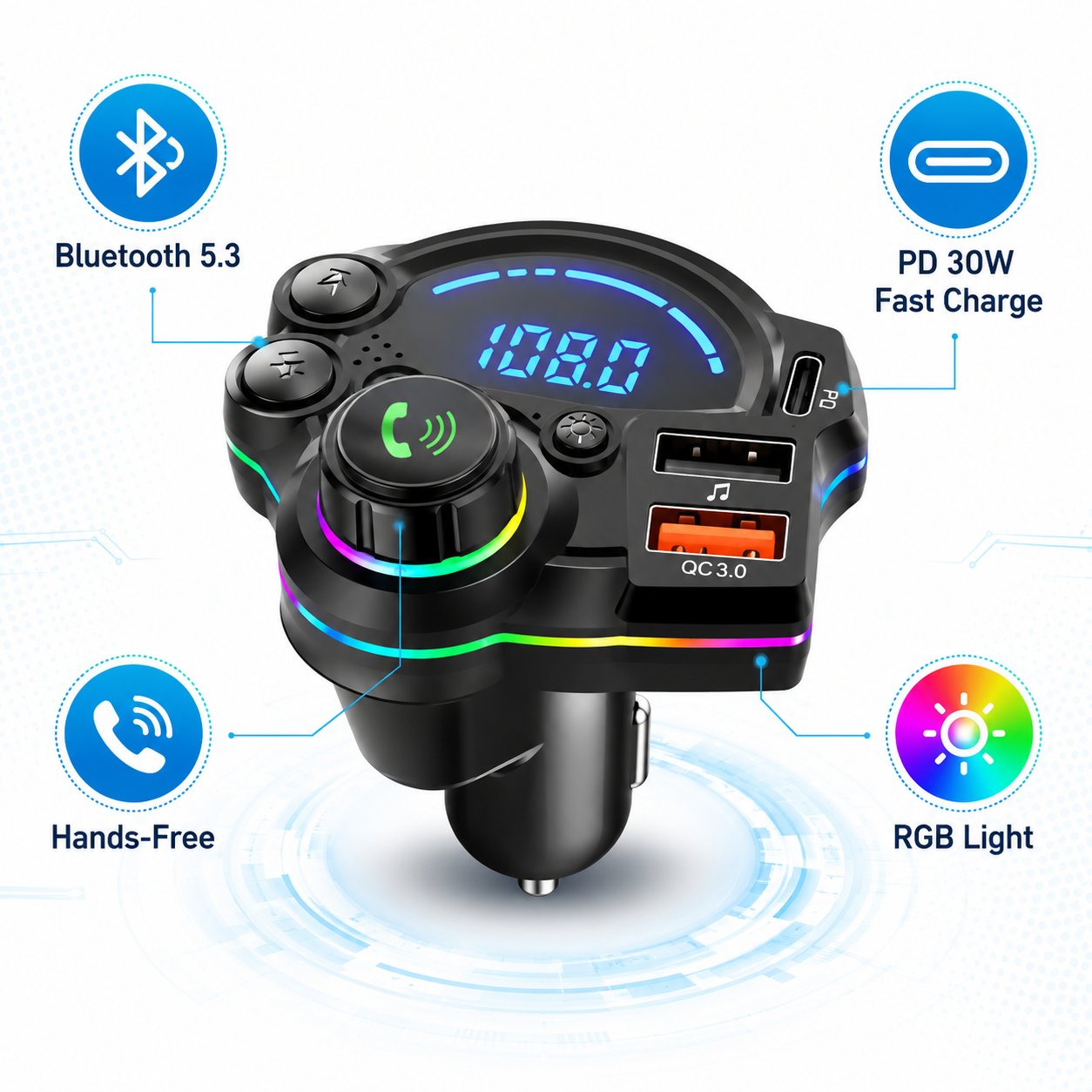 🚗 Bluetooth 5.3 Car FM Transmitter | PD30W+QC3.0 3-Port Fast Charger, RGB Ambient Light for All Vehicles!🎵