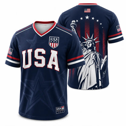 🇺🇸 USA Liberty Soccer Jersey – Patriotic American Flag V-Neck Football Shirt | Red White Blue Statue of Liberty Fan Jersey for Men & Women