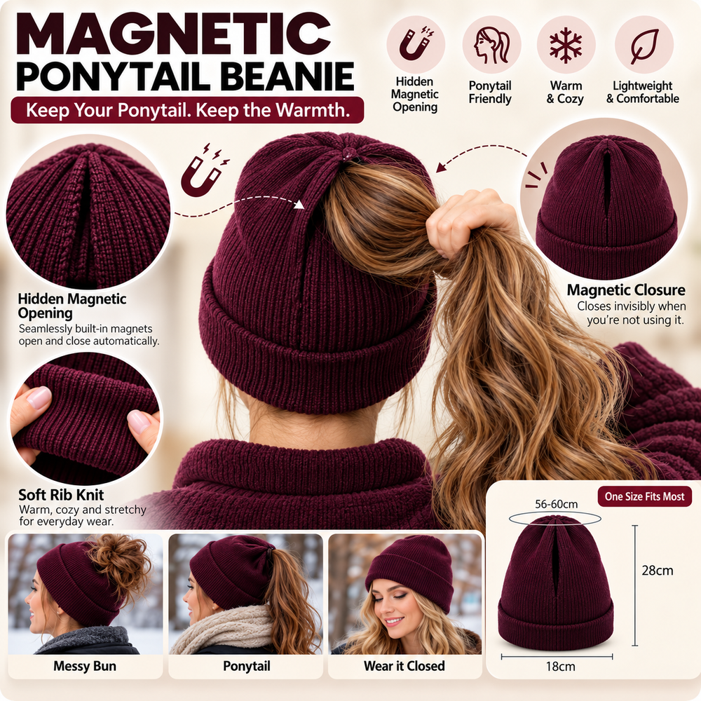 Burgundy ponytail beanie infographic demonstrating the hidden magnetic opening, messy bun, ponytail and closed style