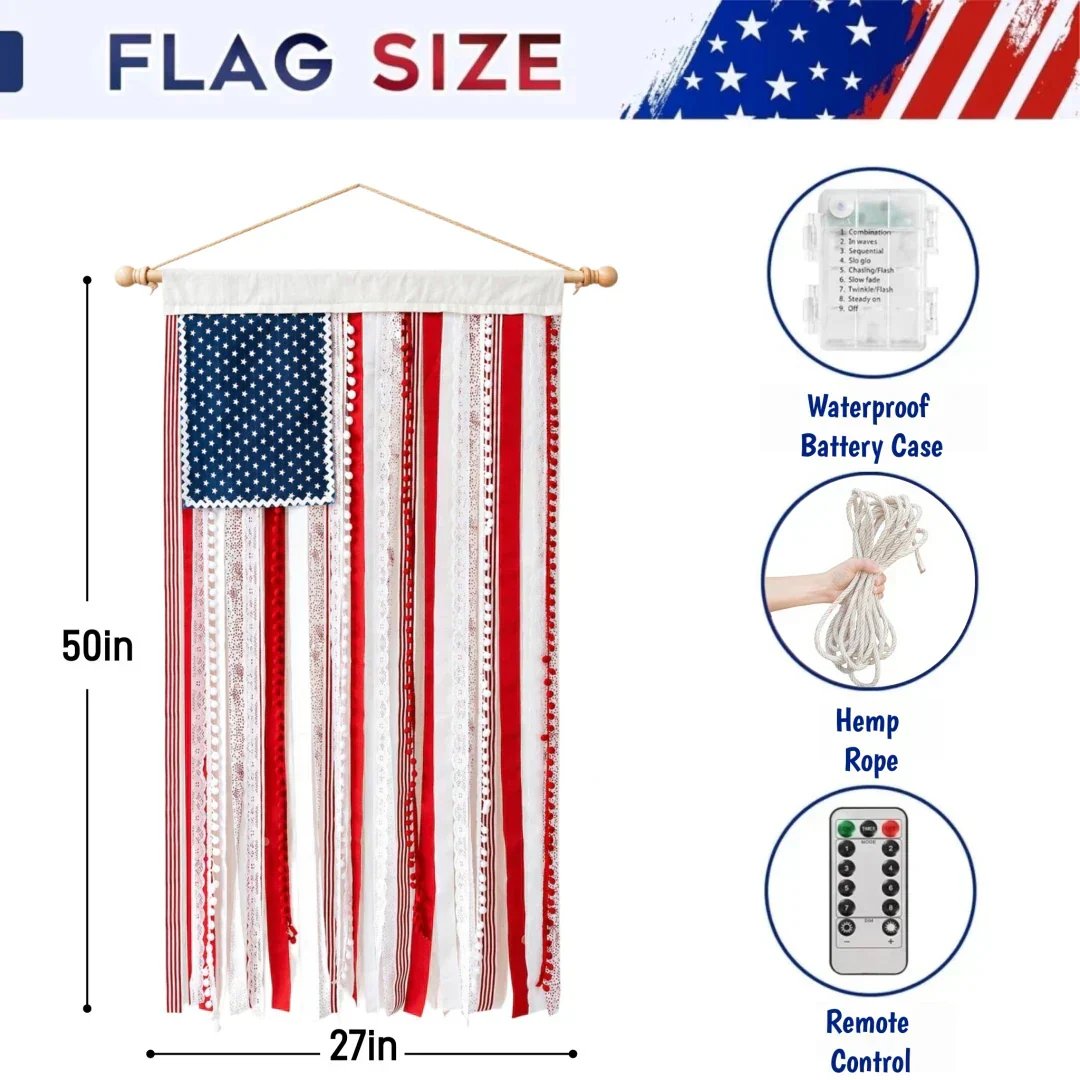 Handcrafted Lighted Rag American Flag Banner | 8 LED Modes | July 4th Patriotic Décor