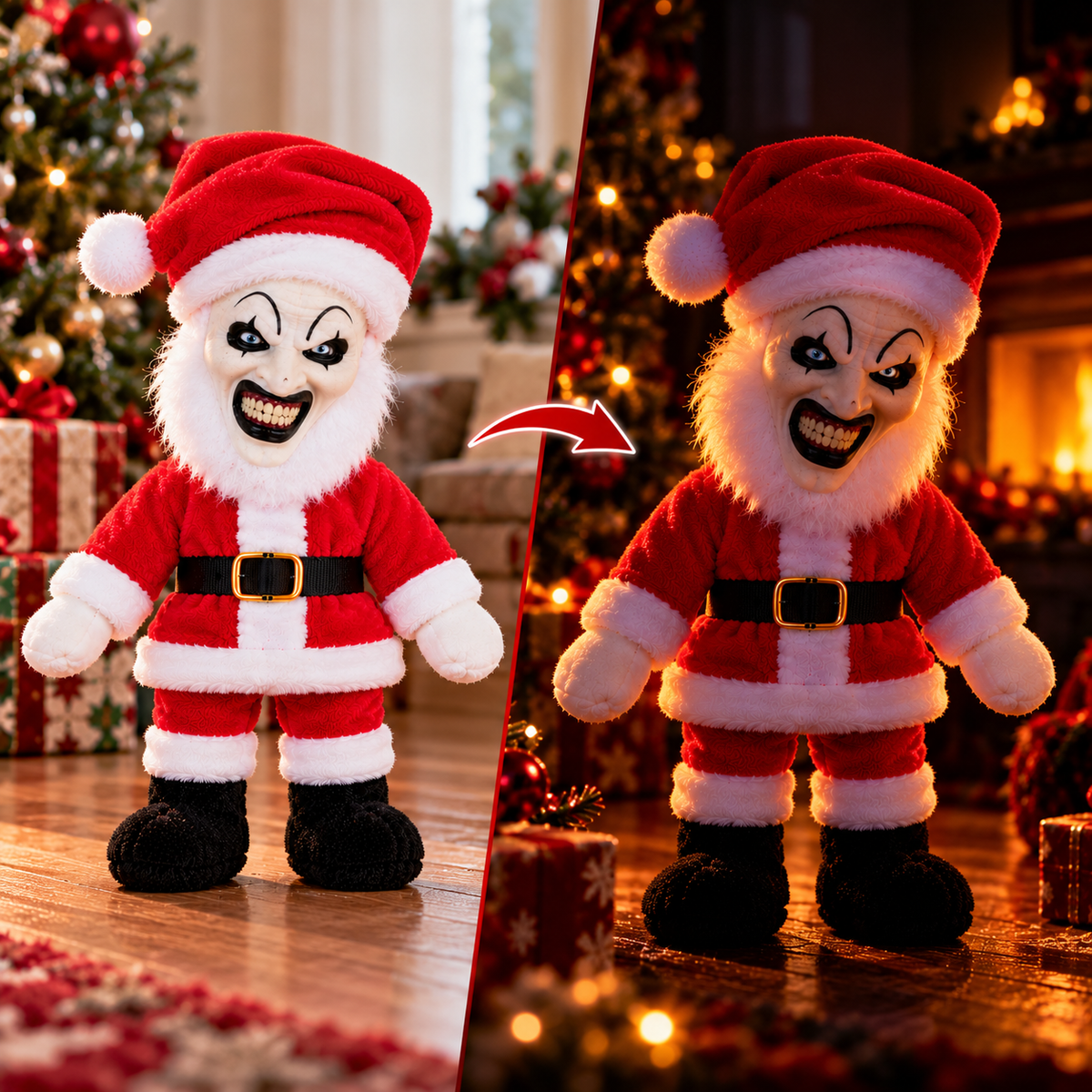 🎅 Creepy Clown Santa Plush Doll – Scary Christmas Decoration & Funny Horror Holiday Gift