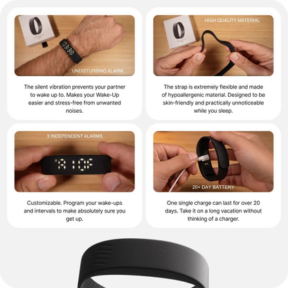 Silent Vibration Alarm Clock - Wrist-Worn Wake-Up Device for Heavy Sleepers, Avoids Disturbing Partners, 2 Intensity Levels, Up to 3 Alarms, 14+ Day Rechargeable Battery