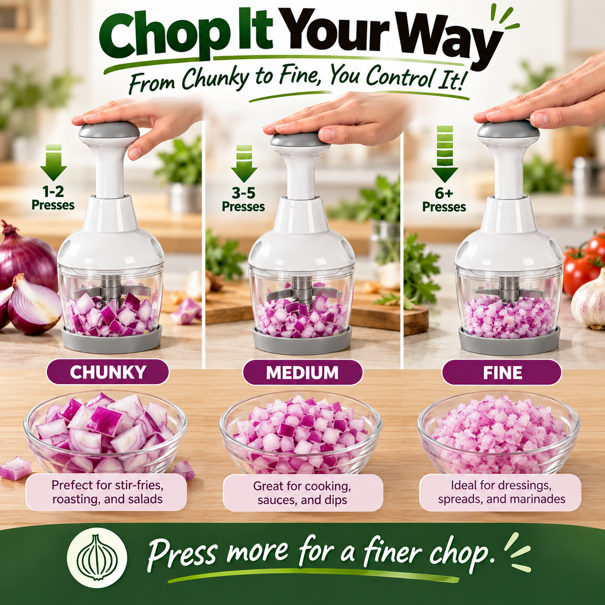🥗 Push & Chop Manual Food Chopper – Quick Prep for Onions, Garlic, Veggies & More