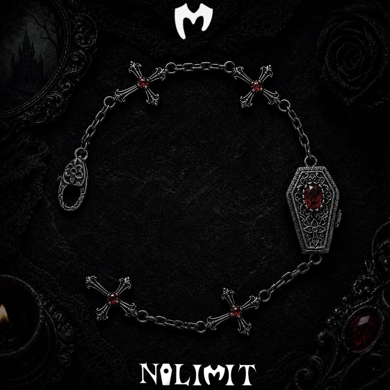 Red sterling silver coffin cross bracelet on a black gothic background