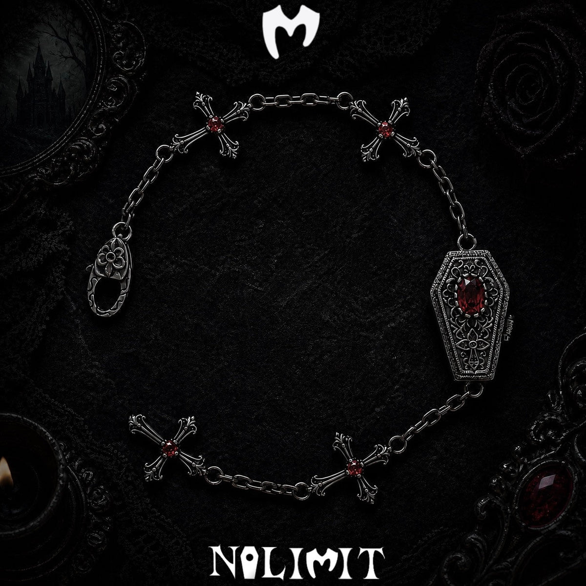 Red sterling silver coffin cross bracelet on a black gothic background