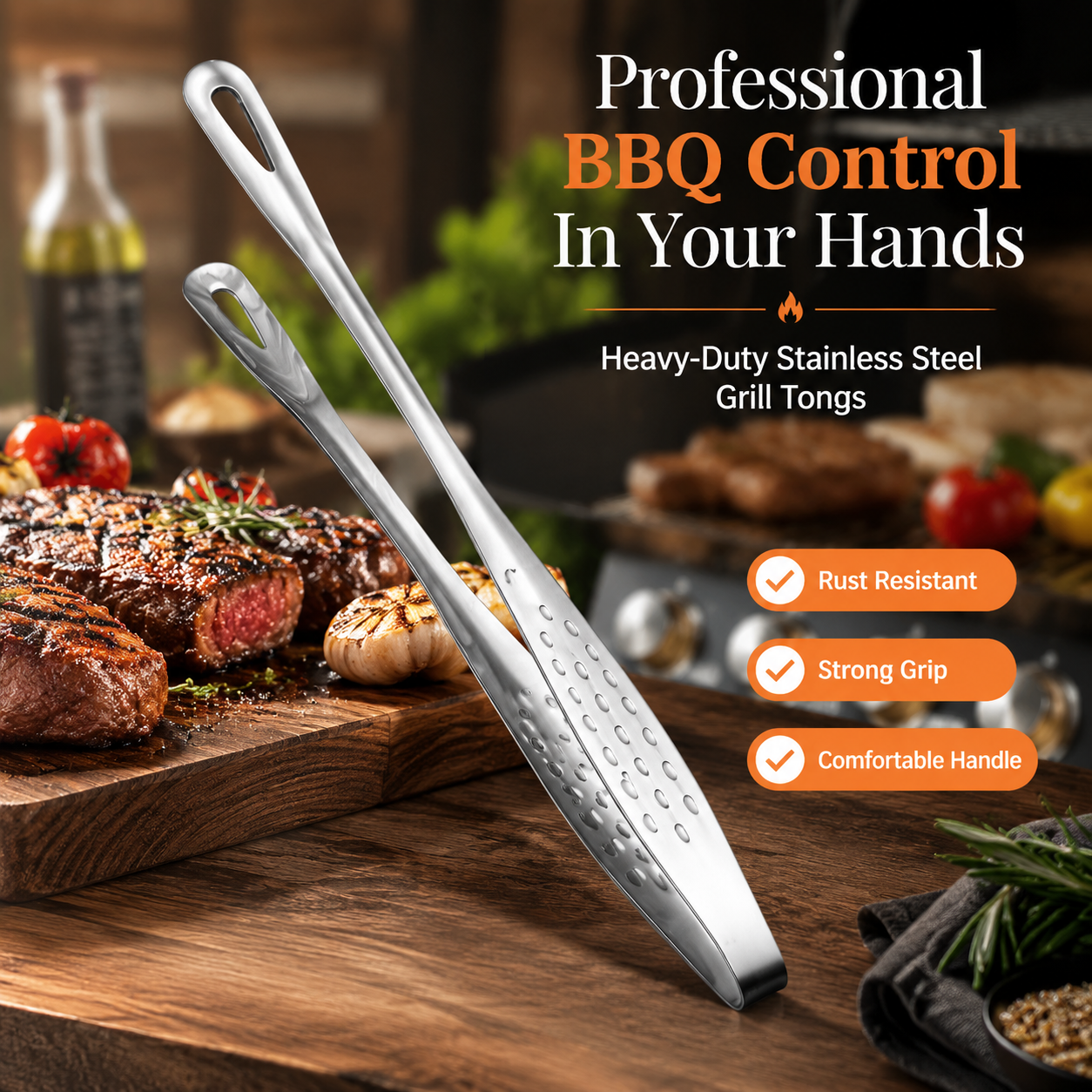 🍖 Stainless Steel BBQ Tongs – Heavy-Duty Grill Tool for Easy Flipping & Serving