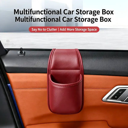 Leather car door storage pocket - double-layer compartments, scratch-proof flannel lining, residue-free adhesive
