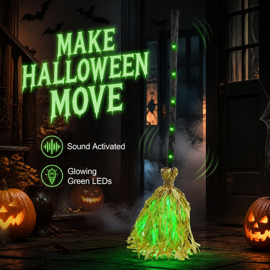 Animated Dancing Witch Broom with Green LEDs & Spooky Laughter