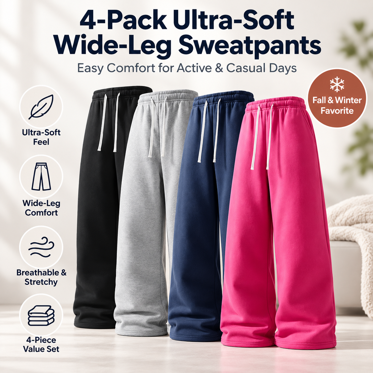 4-Pack  Ultra-Soft Wide-Leg Sweatpants
