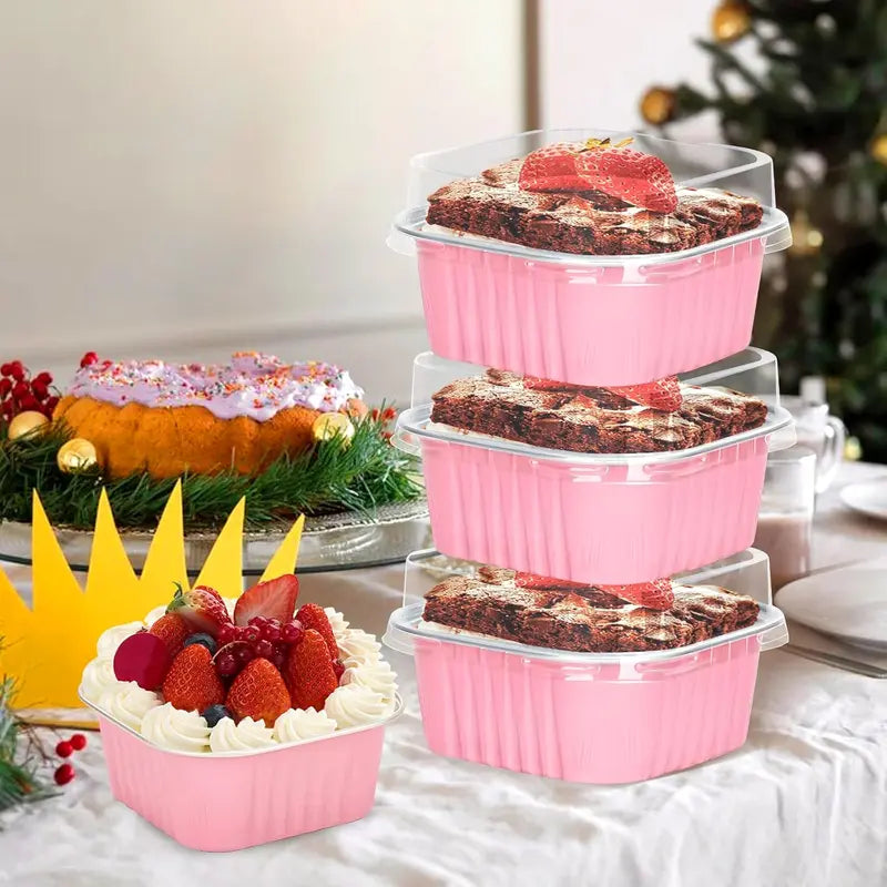 30-Pack Pink Mini Foil Cake Pans with Lids – 5oz Disposable Dessert Cups