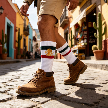 2 Pairs Retro Mexican Pride Crew Socks - Gold Embroidered Striped Streetwear Socks