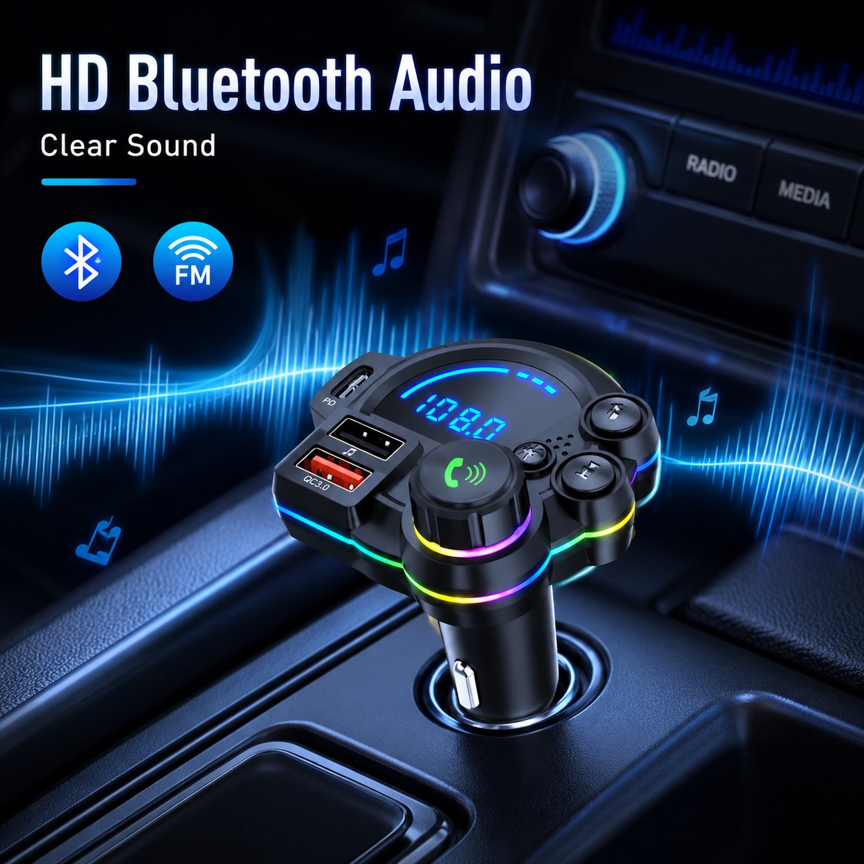 🚗 Bluetooth 5.3 Car FM Transmitter | PD30W+QC3.0 3-Port Fast Charger, RGB Ambient Light for All Vehicles!🎵
