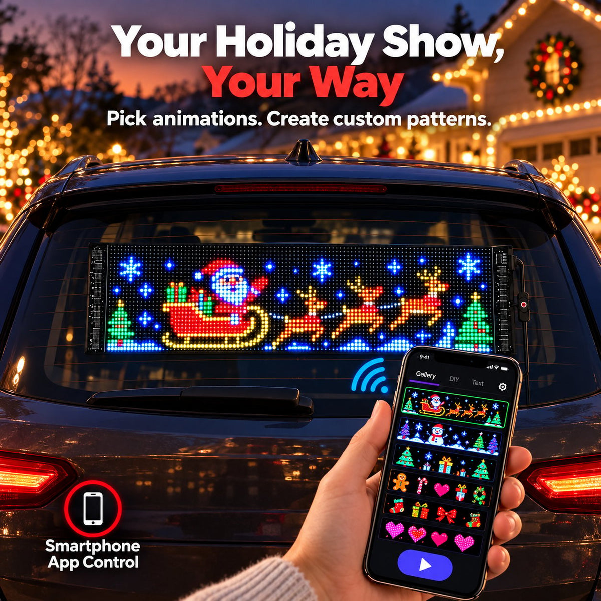 Christmas LED Pixel Window Display | App Controlled Animated Holiday Light for Car & Home Decor