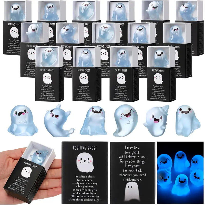 6 Sets Halloween Mini Ghost Figurines Glow in The Dark Resin Figures with Gift Boxes