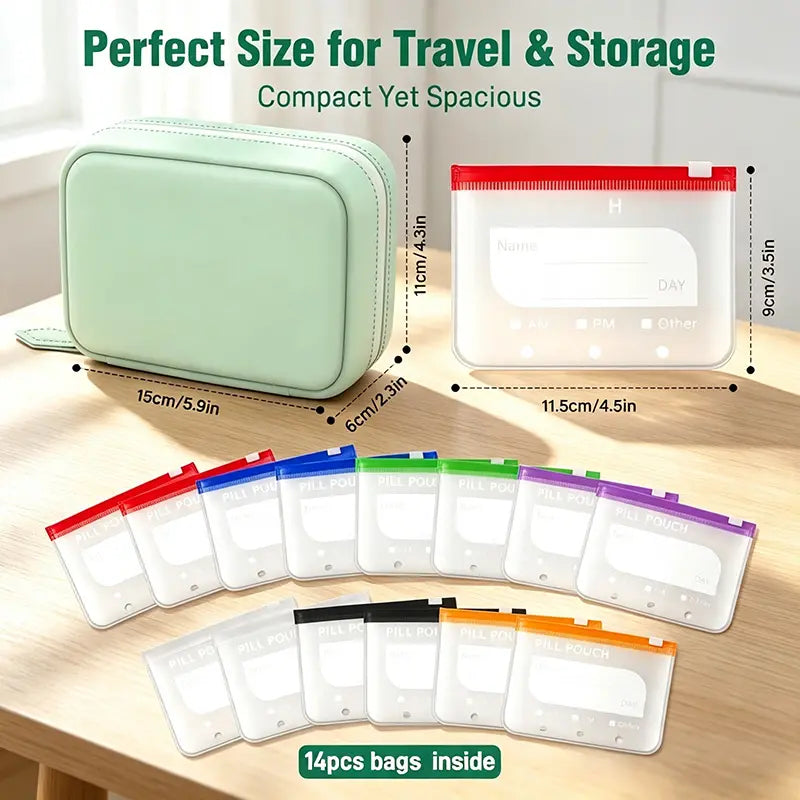 🔥49% OFF Waterproof A8 Pill Pouch Set, 14 Reusable Zippered Pill Bags, 7–14 Day Medication Organizer with Color-Coded Labels for Vitamins & Fish Oils