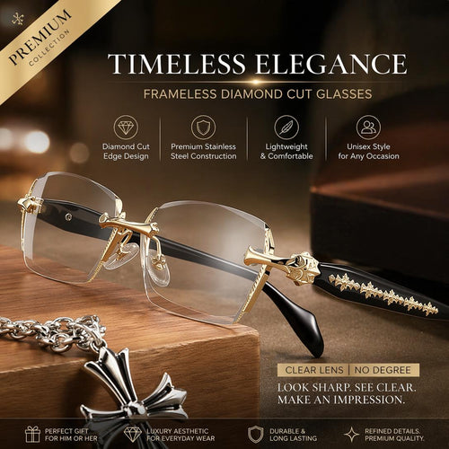 Rimless Diamond-Cut Glasses – Stainless Steel Temple, Unisex