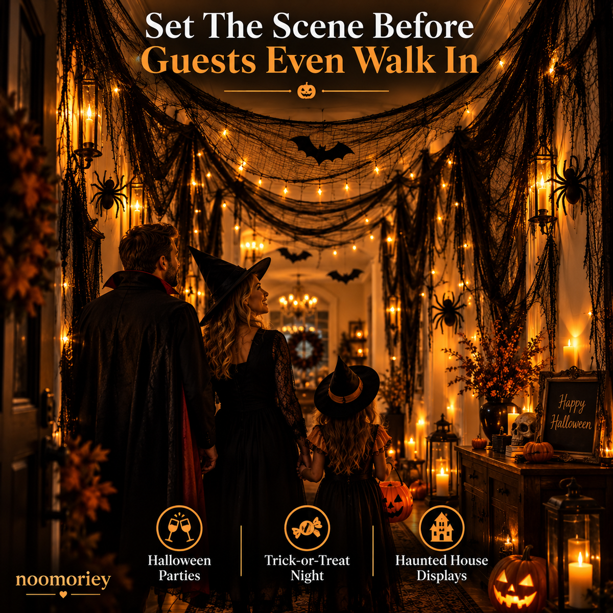 🎃 Halloween Creepy Cloth – Black Gauze Spiderweb Draping for Doorways, Stairs & Party Décor