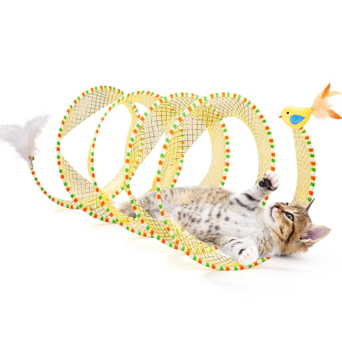 Cat Self Play Spiral Kitten Collapsible Spring Tunnel Toy for Indoor Cats with Feather and Bell