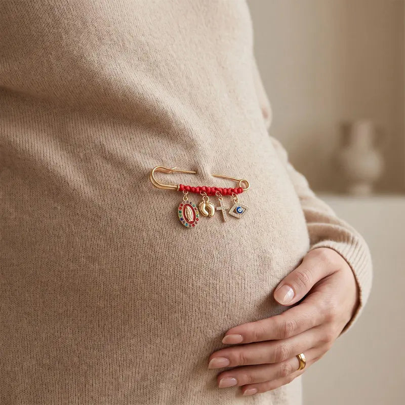 Protection Brooch for Pregnancy & Baby Religious Charm Maternity Safety Pin Brooch – Virgin Mary, Cross & Evil Eye Belly Jewelry Pin