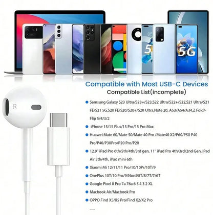 Wired In-Ear Headphones - USB-C with Mic, Volume Control, HiFi Stereo